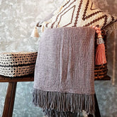 Grey Raw Cotton Throw with Fringe | 140×200cm Soft Minimalist Sofa & Bed Blanket